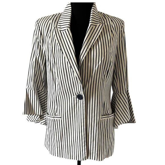 Cabi Women’s Striped Bell Sleeve Spring Summer Blazer White Navy Blue Size 8 - Picture 1 of 10
